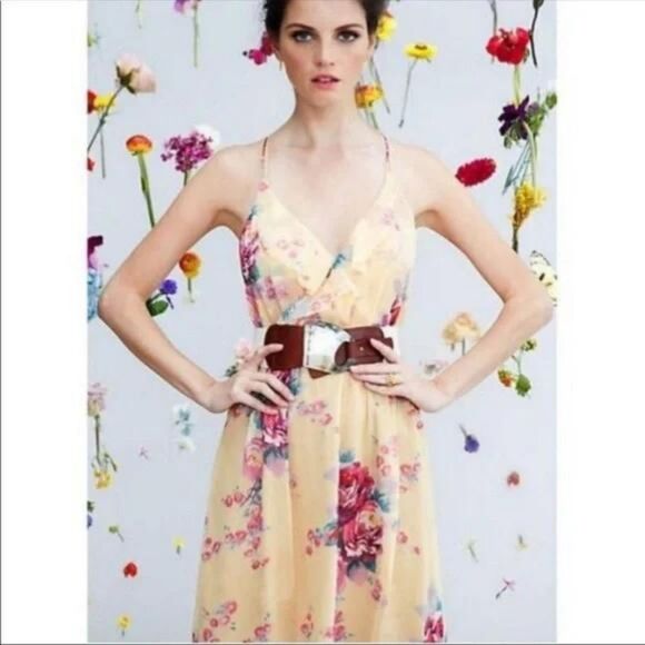 Meadow Rue Yellow Floral Print 100% Silk Ruffle Accent Dress Sz 6 Small - Picture 2 of 8